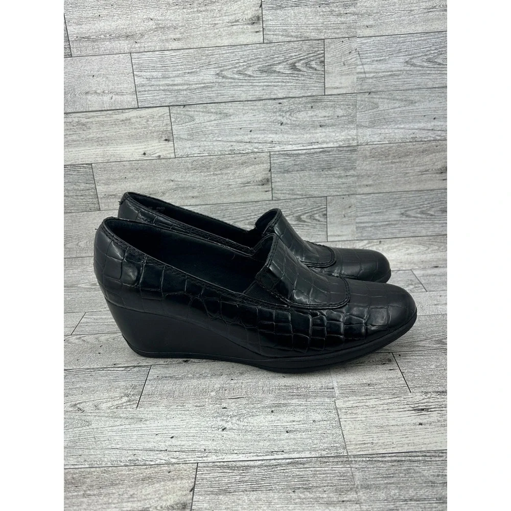 Clarks Bendables Black Croc Embossed Wedge Loafers‎ 67091 Women Size 9M